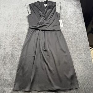DKNY Women's Black Satin Sleeveless Faux Wrap Surplice Midi Dress Size 8 NWT